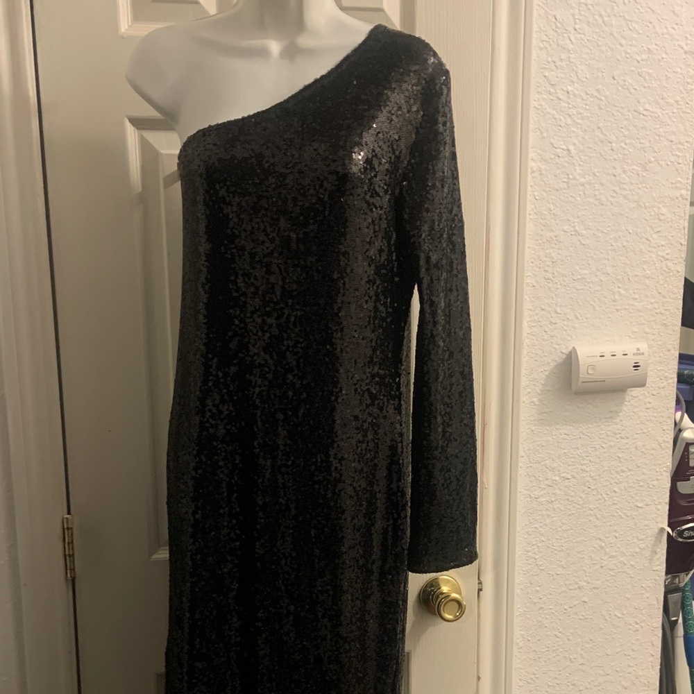 Fashion Nova Black Sequin One-Shoulder Midi Dress